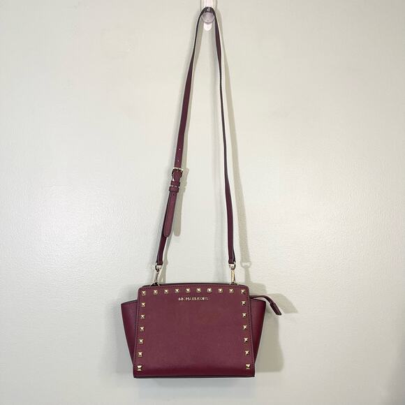 Michael Kors Burgundy Saffiano Leather Selma Studded  Satchel Crossbody Bag - Picture 2 of 10